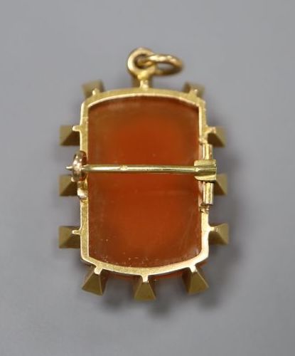 A yellow metal and sardonyx cameo hardstone and seed pearl set pendant brooch,